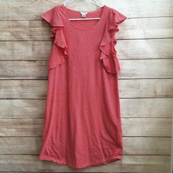 J CREW FACTORY RUFFLE TSHIRT KNIT  DRESS IN RED AND WHITE STRIPES - Picture 1 of 6